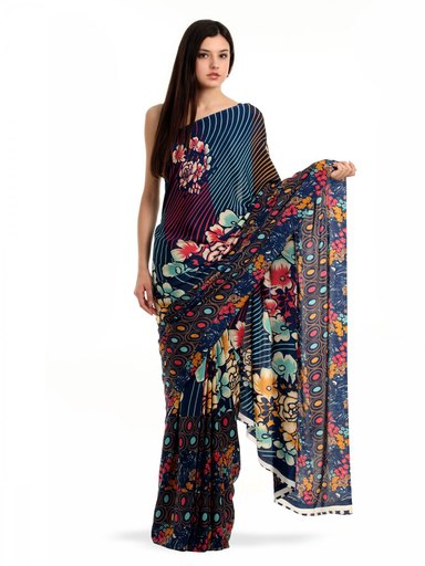 Prafful Navy Crepe Printed Saree